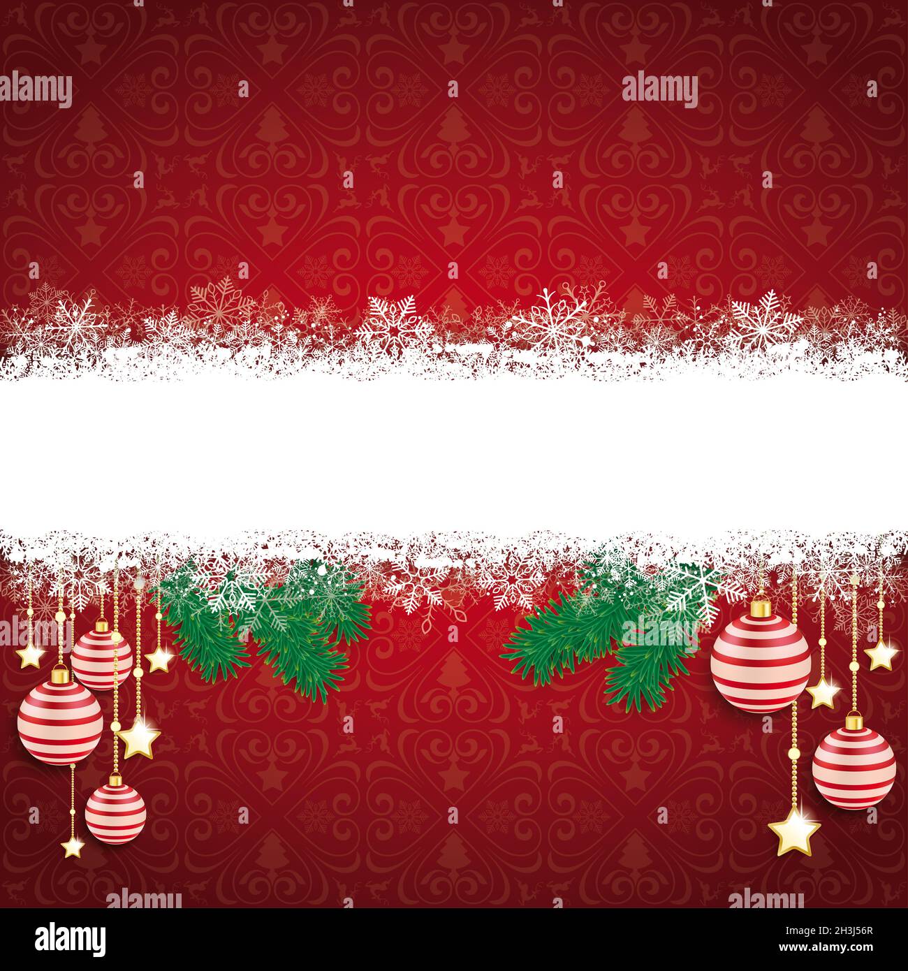 Rote Ornamente Schneeflocken Banner Bauble Zweige Stockfoto