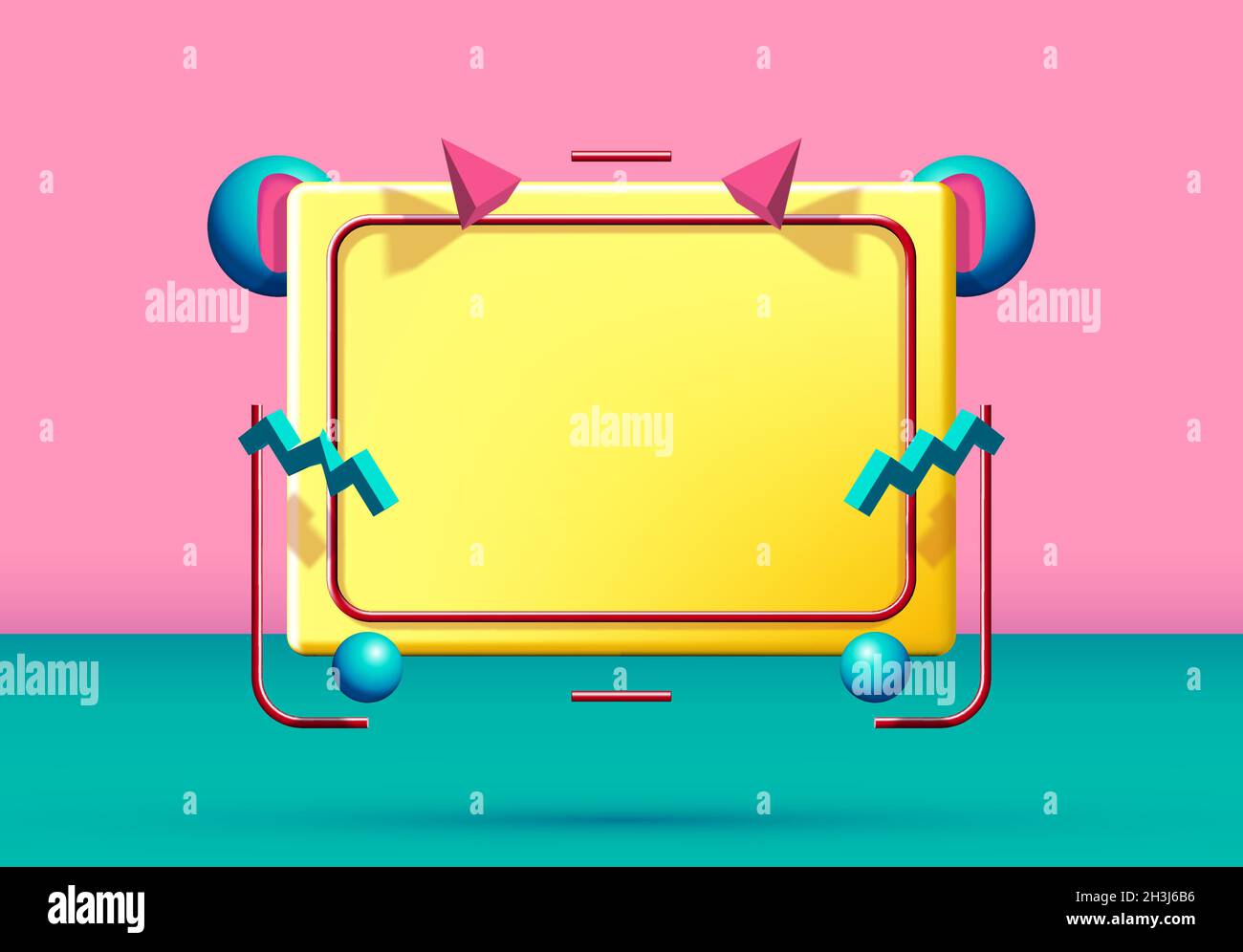 Abstrakter Rahmen im 90er-Stil mit fliegenden 3d-Objekten und -Formen. Rosa und grüner Hintergrund. Stock Vektor