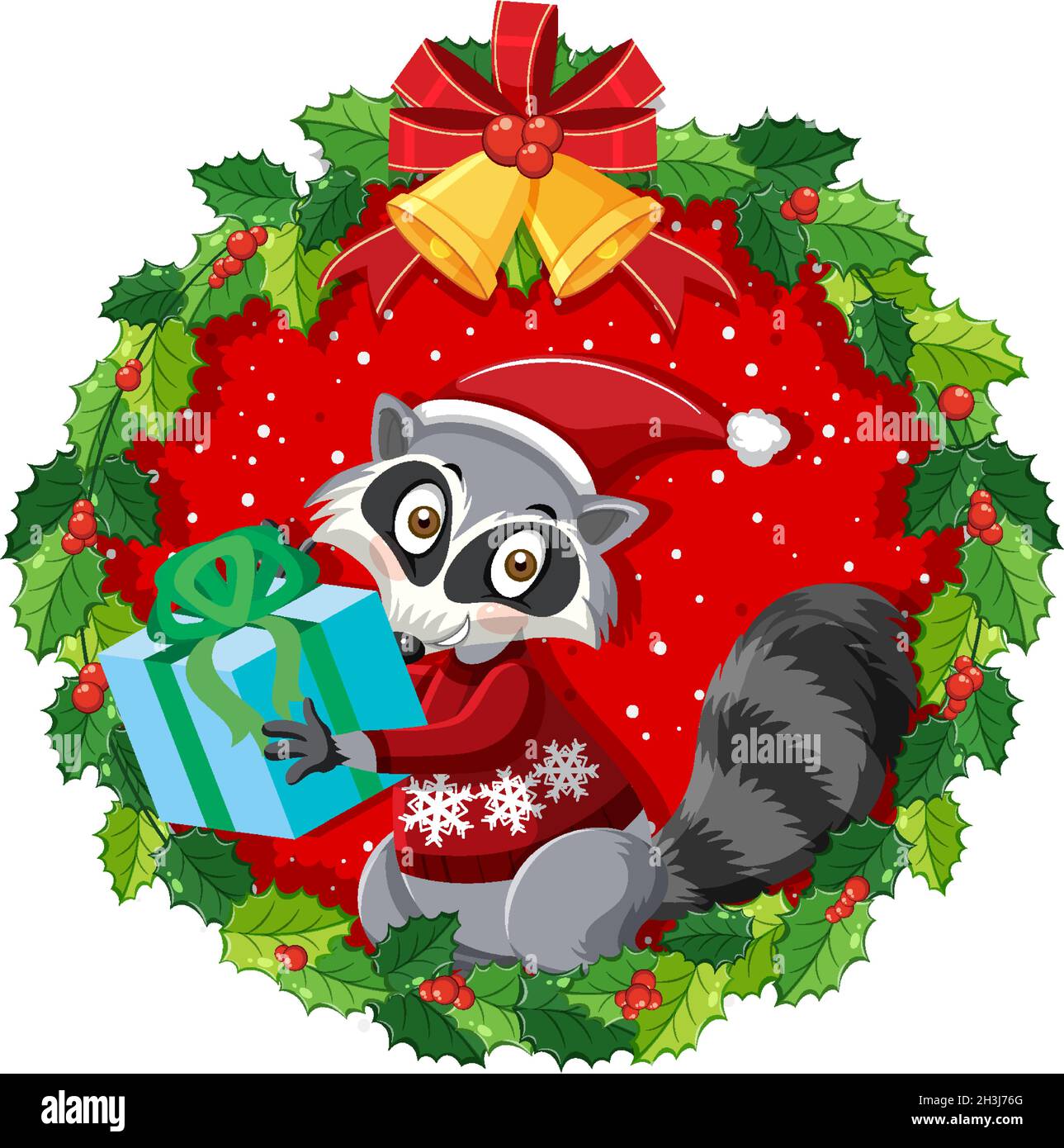 Cartoon Waschbär in Weihnachtskranz isoliert Illustration Stock Vektor
