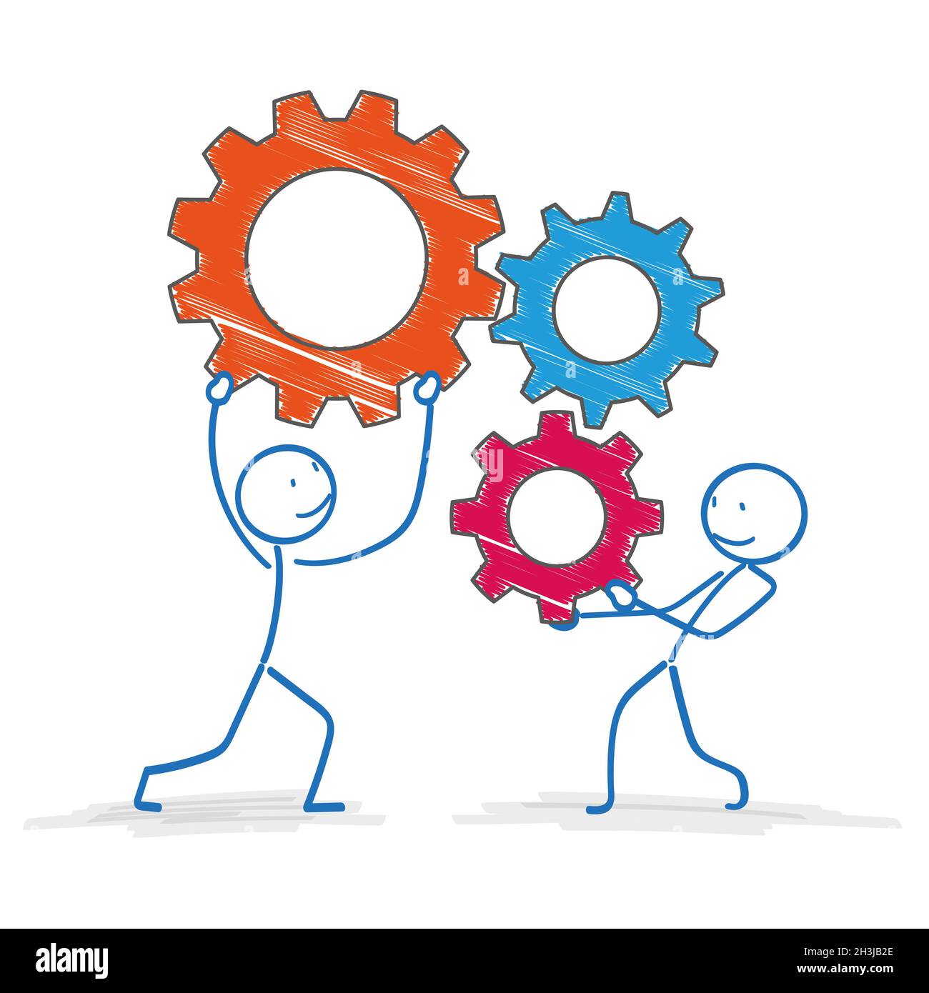 Stickman 3 Farbige Zahnräder Stockfoto