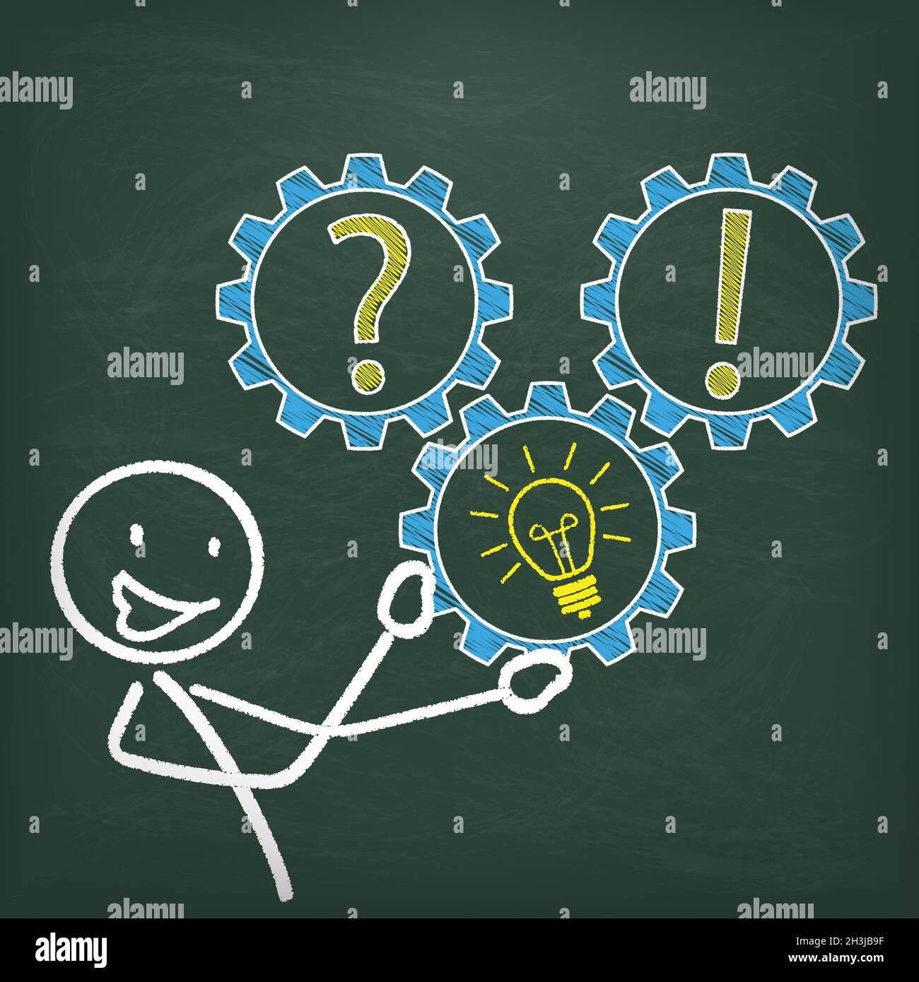 Blackboard Stickman Gear Frage Idee Antwort Stockfoto