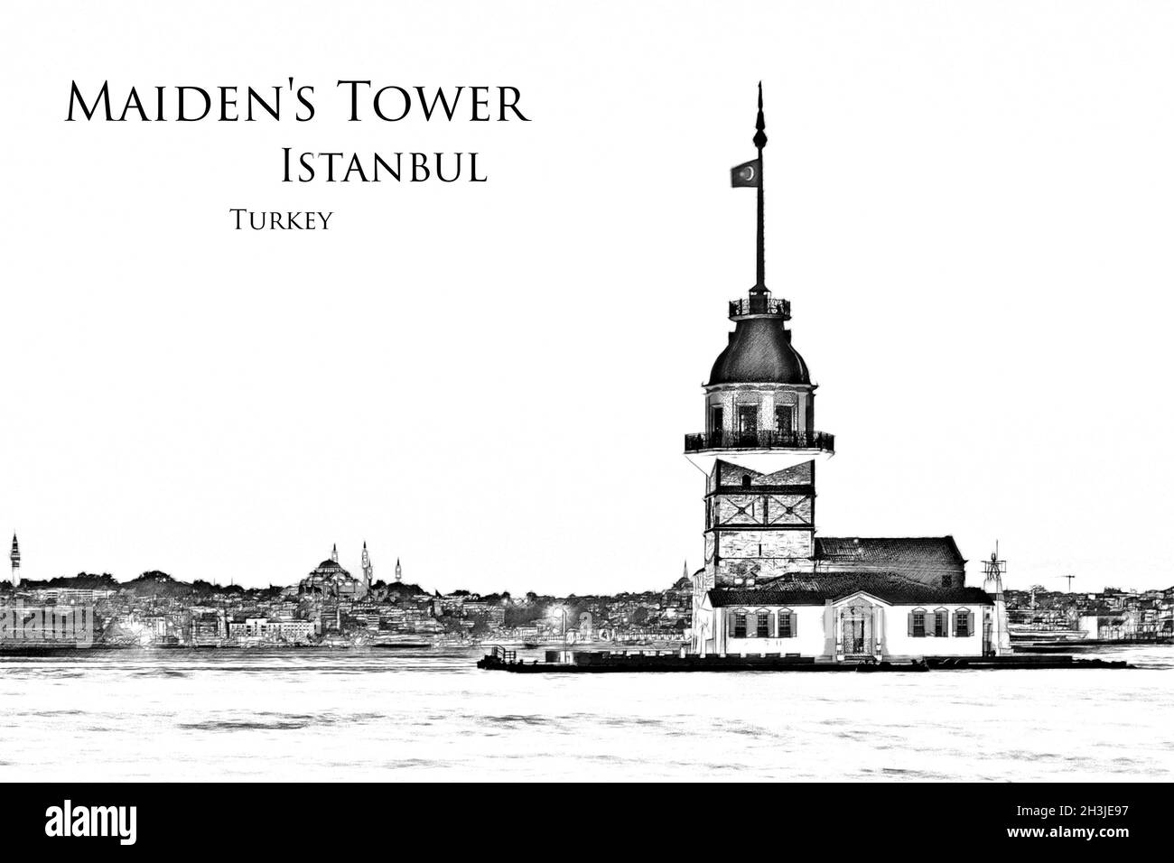 Maiden's Tower. Istanbul. Skizze einer Illustration aus einer Fotografie. Stockfoto