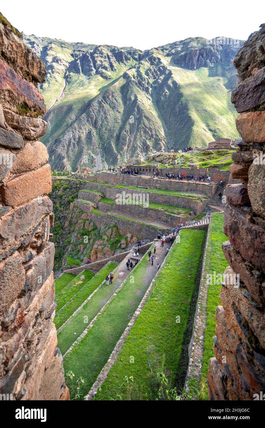 Ollantaytambo, alte Inka-Festung im Heiligen Tal in den Anden von Cusco, Peru, Südamerika Stockfoto