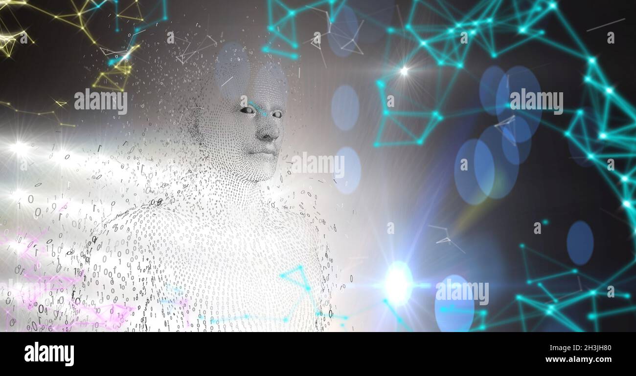 3d-gerenderte Darstellung eines männlichen digitalen Avatars mit Drahtrahmen, künstlicher Intelligenz und Big Data Stockfoto