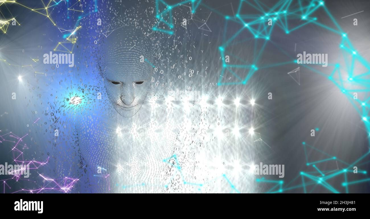 3d-gerenderte Darstellung eines männlichen digitalen Avatars mit Drahtrahmen, Big Data und künstlicher Intelligenz Stockfoto