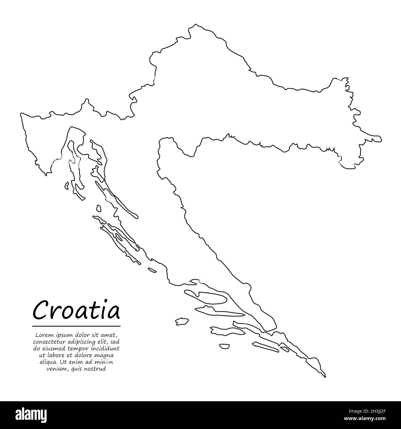 Einfache Umrisskarte von Kroatien, Vektor-Silhouette im Stil einer Skizzenlinie Stock Vektor