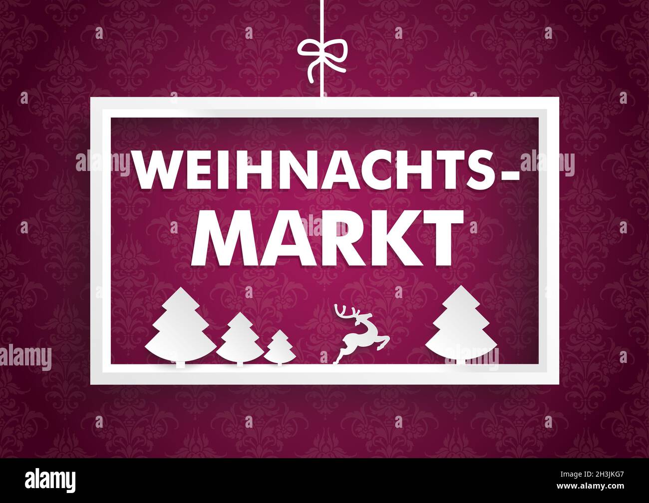 Weißer Rahmen Lila Ornamente Weihnachtsmarkt Stockfoto