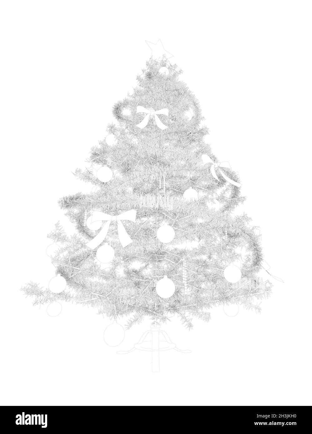 Kontur eines Weihnachtsbaums, der mit Spielzeug, Lametta und Bändern aus schwarzen Linien auf weißem Hintergrund isoliert ist. Vektorgrafik Stock Vektor