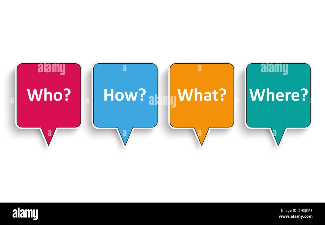 4 Sprechblasen Wer Wie Was Wo Stockfoto 4 Sprechblasen Wer Wie Was Wo Stockfoto
