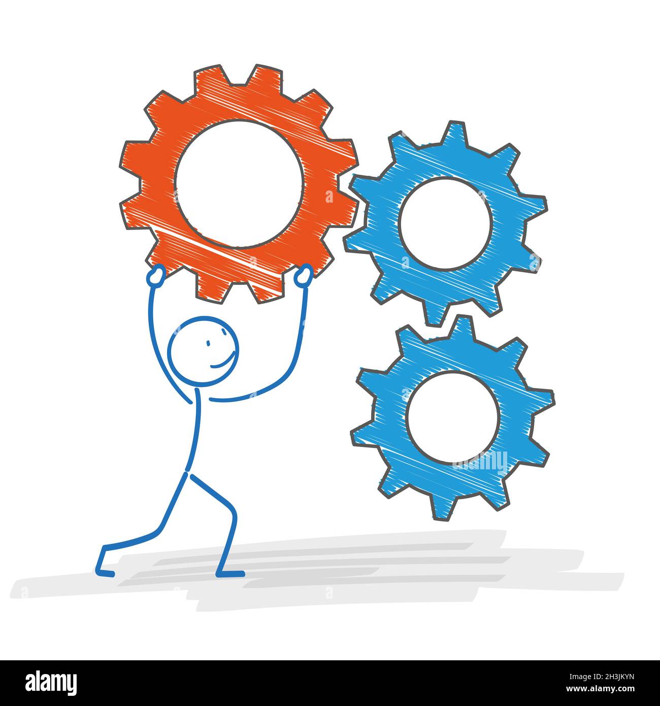 Stickman 2 Farbige Zahnräder Stockfoto