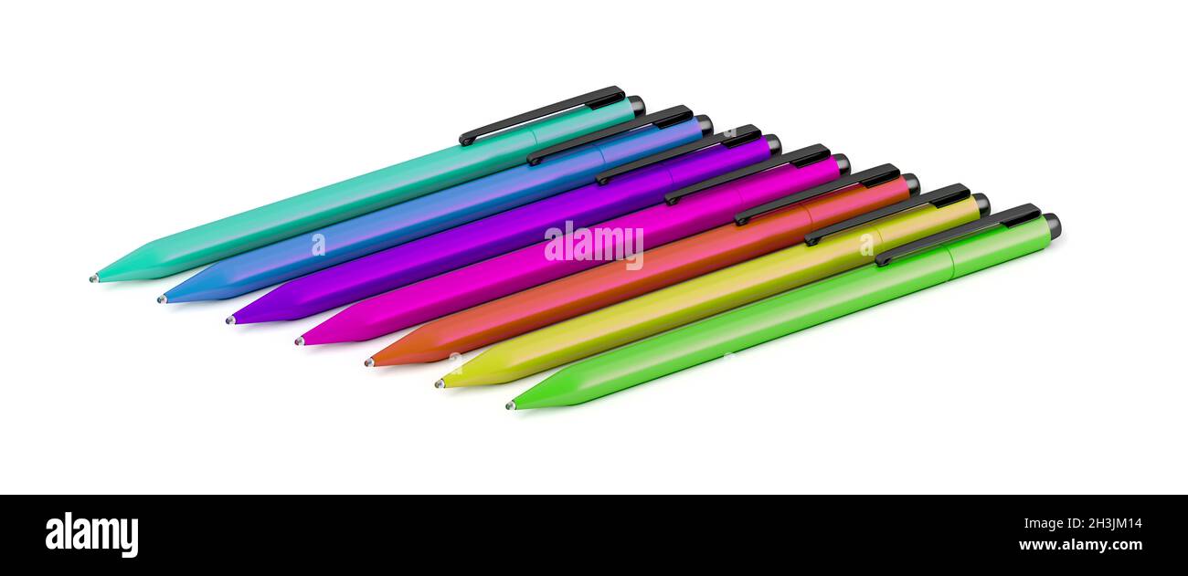 Gruppe von Stiften mit verschiedenen Farben auf weißem Hintergrund Stockfoto