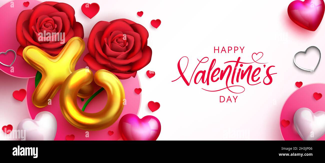 Valentinstag romantische Gruß Vektor-Design. Happy valentine's Day Text mit roten Rosen und goldenen Ballon-Elementen für romantische valentinstag Feier. Stock Vektor