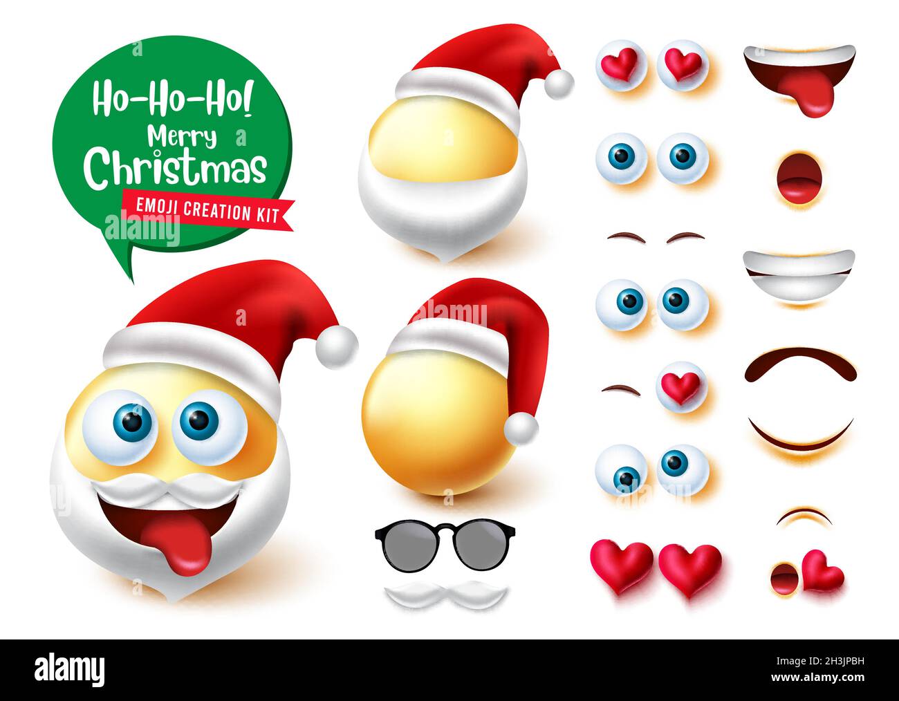 Emojis santa claus Schöpfer Vektor-Set. Smiley 3d santa Characters Kit mit niedlichen, verrückten und lustigen editierbaren weihnachtszeichen für Gesichtsausdruck. Stock Vektor