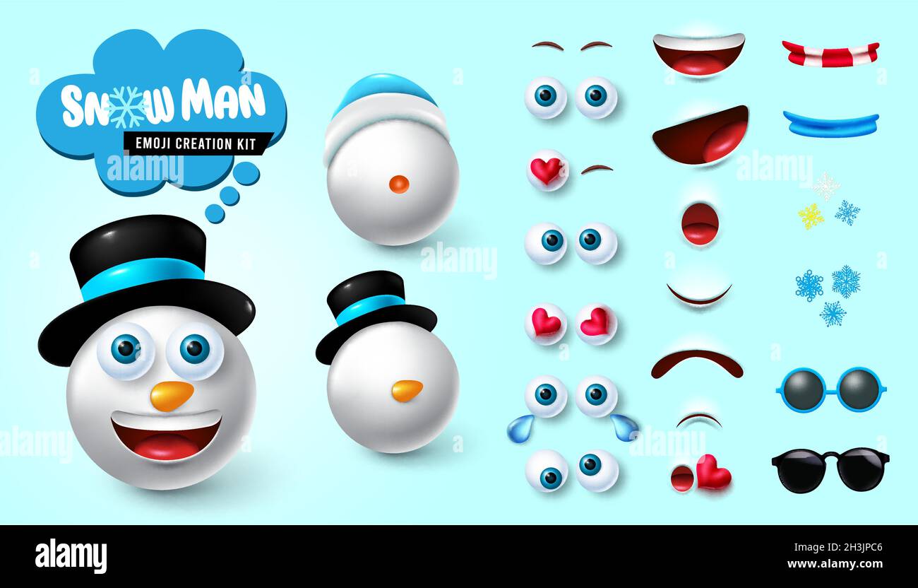 Emoji Schneemann Schöpfer Vektor gesetzt. Smiley Schneemann XMAS 3d-Kit mit editierbaren Gesichtsreaktion von niedlich, freundlich und glücklich für weihnachten Emoticon. Stock Vektor
