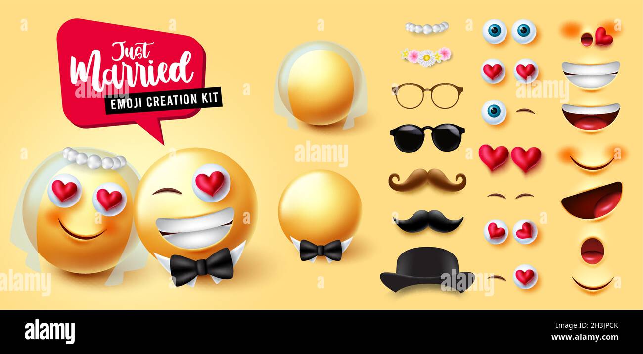 Emojis Wedding Creator Vektor-Set. 3d-Emojis-Zeichensatz mit verheirateten Paaren, die Schleier und Schleife im bearbeitbaren Gesicht tragen, für Liebhaber-Emoticon-Ehemann. Stock Vektor