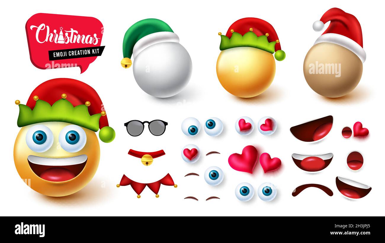 Emoji elf Creator Kit Vektor-Set. Smileys weihnachten 3d Gesicht Erstellung von Elf, Schneemann und santa mit editierbaren Gesichtsreaktion für Weihnachtsmann Charakter. Stock Vektor
