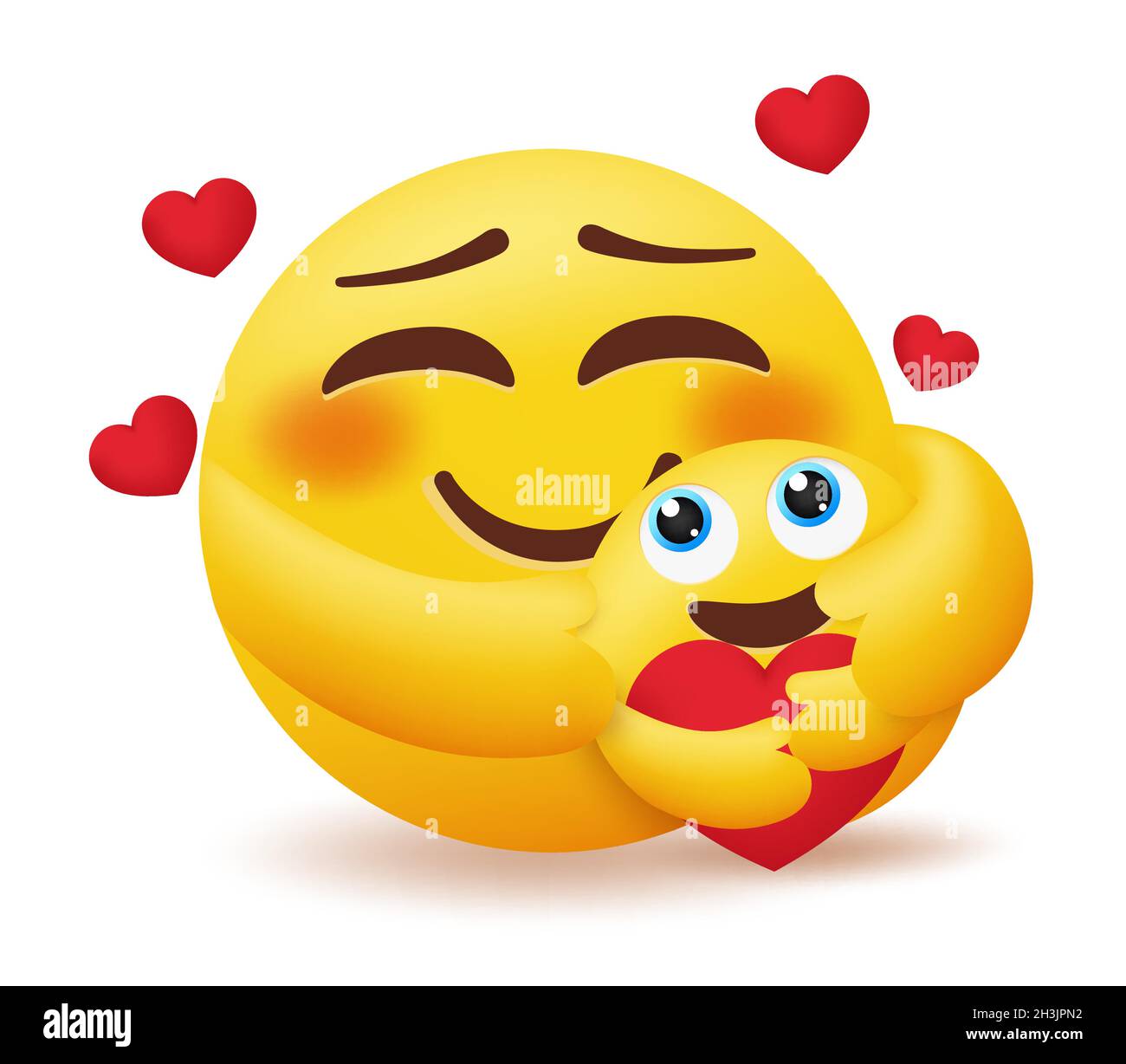 Emoji Mutter und Kind Vektor Konzept Design. Emoticon Mama umarmt, fürsorglich und liebend glückliches Kind mit Herzpflegeelement für den Tag der Smiley-Mutter. Stock Vektor