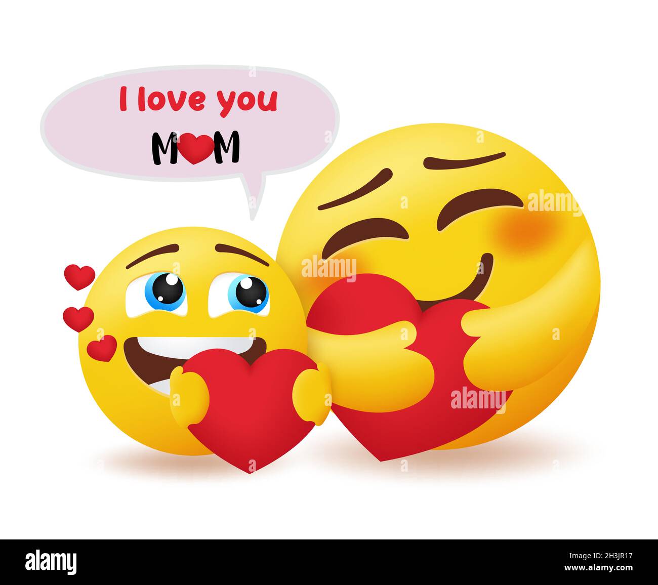 Smiley Mütter Tag Vektor Konzept Design. Ich liebe dich Mutter Text mit Emoticon Mutter und Kind in Pflege und Liebe Geste für Emoji Mutter Tag Gruß. Stock Vektor