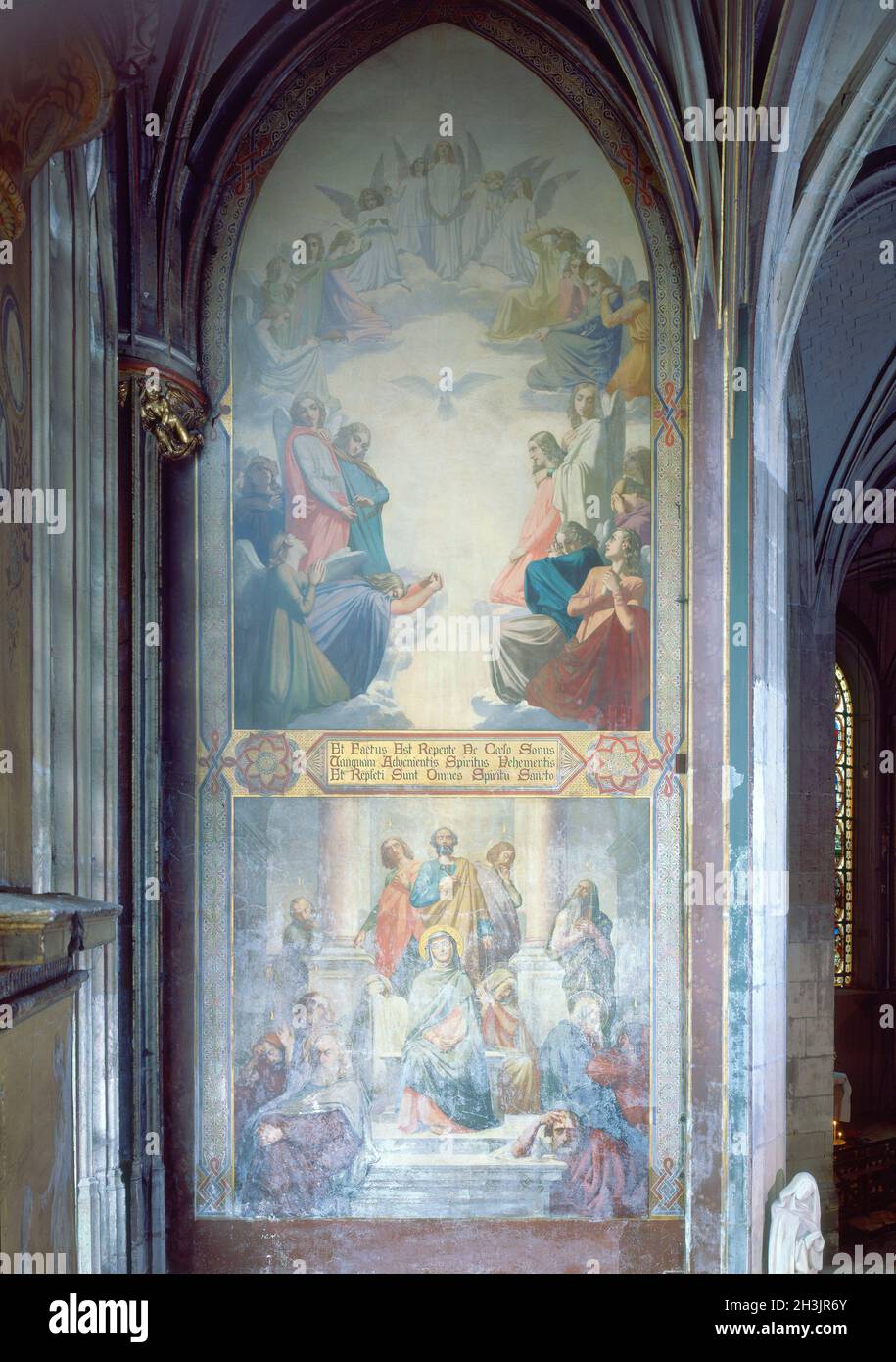 PENTECOSTES - 1842 - FRESCO. AUTOR: LEHMANN KARL ERNST. LAGE: IGLESIA SAINT MERRI. Frankreich. JUNGFRAU MARIA. ESPIRITU SANTO. Stockfoto