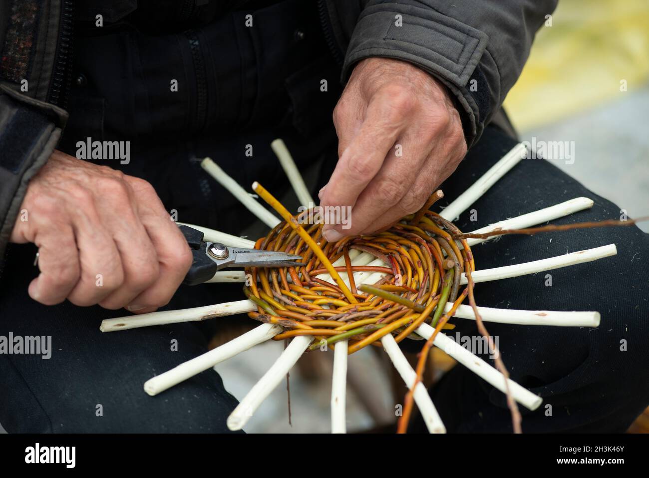 Italien , Lombardei, Handwerker, der einen Weidenkorb macht Stockfoto