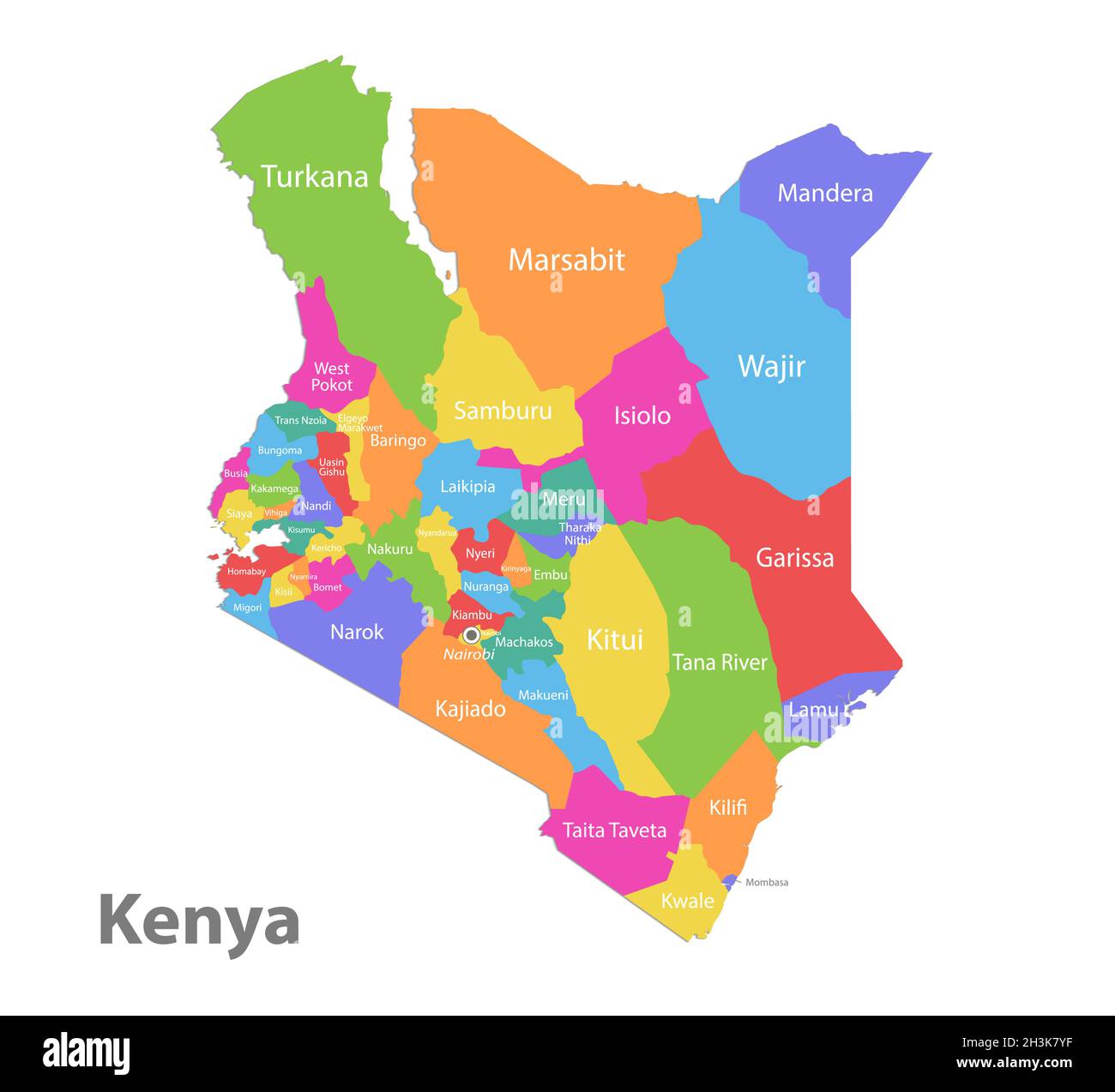 Kenya-Karte, administrative Teilung, separate einzelne Regionen mit Namen, Farbkarte isoliert auf weißem Hintergrund Vektor Stock Vektor