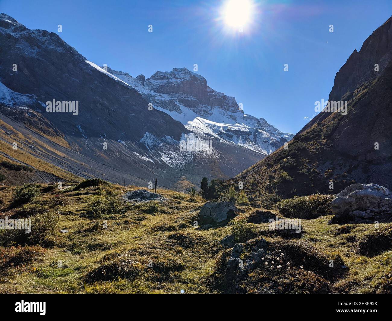 Schöne Herbstwanderung in den schweizer Bergen bei Sertig, Davos. Lerchen Wälder blühen und schneebedeckte Berggipfel Stockfoto