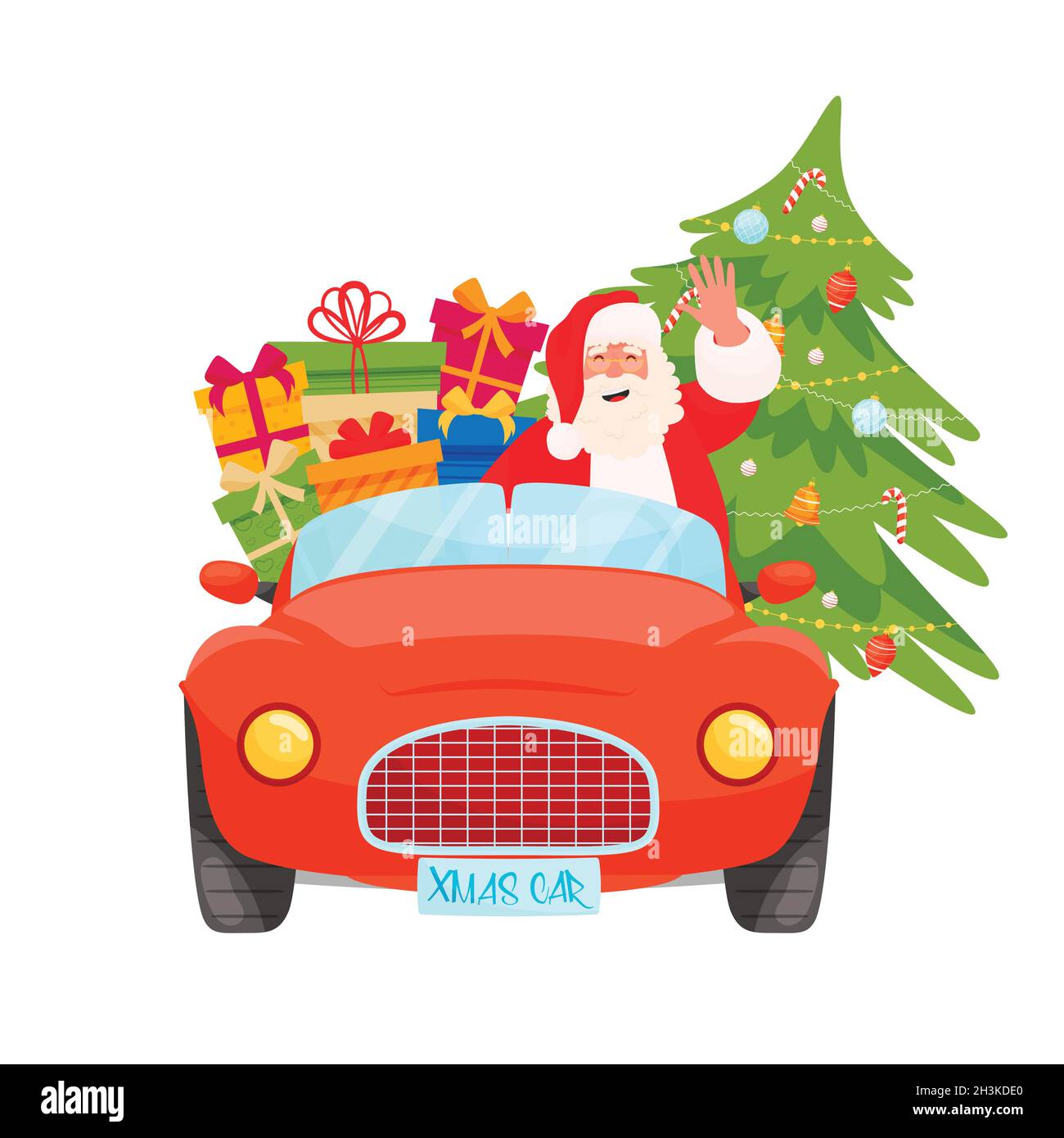 Santa fahren Weihnachten rotes Auto mit Weihnachtskiefer und Geschenke  Stock-Vektorgrafik - Alamy