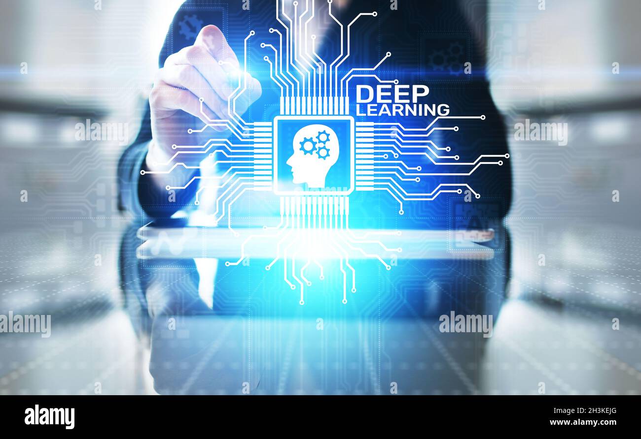 Deep Machine Learning Künstliche Intelligenz KI-Technologiekonzept auf virtuellem Bildschirm. Stockfoto