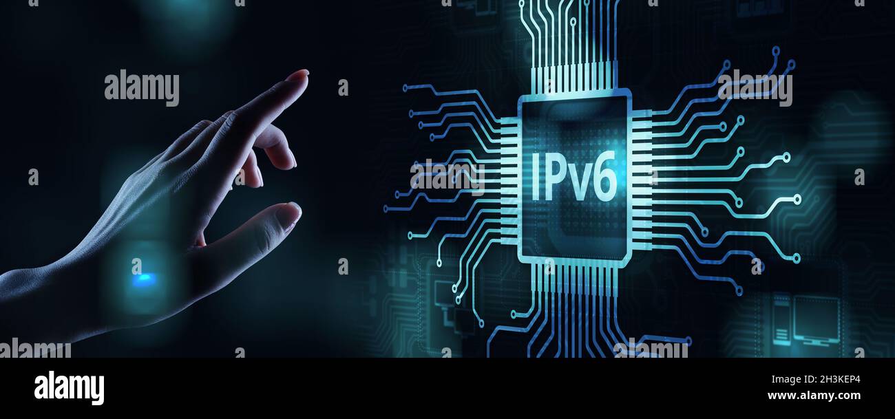 IPv6-Netzwerkprotokoll Standard-Internet-Kommunikationskonzept auf virtuellem Bildschirm. Stockfoto