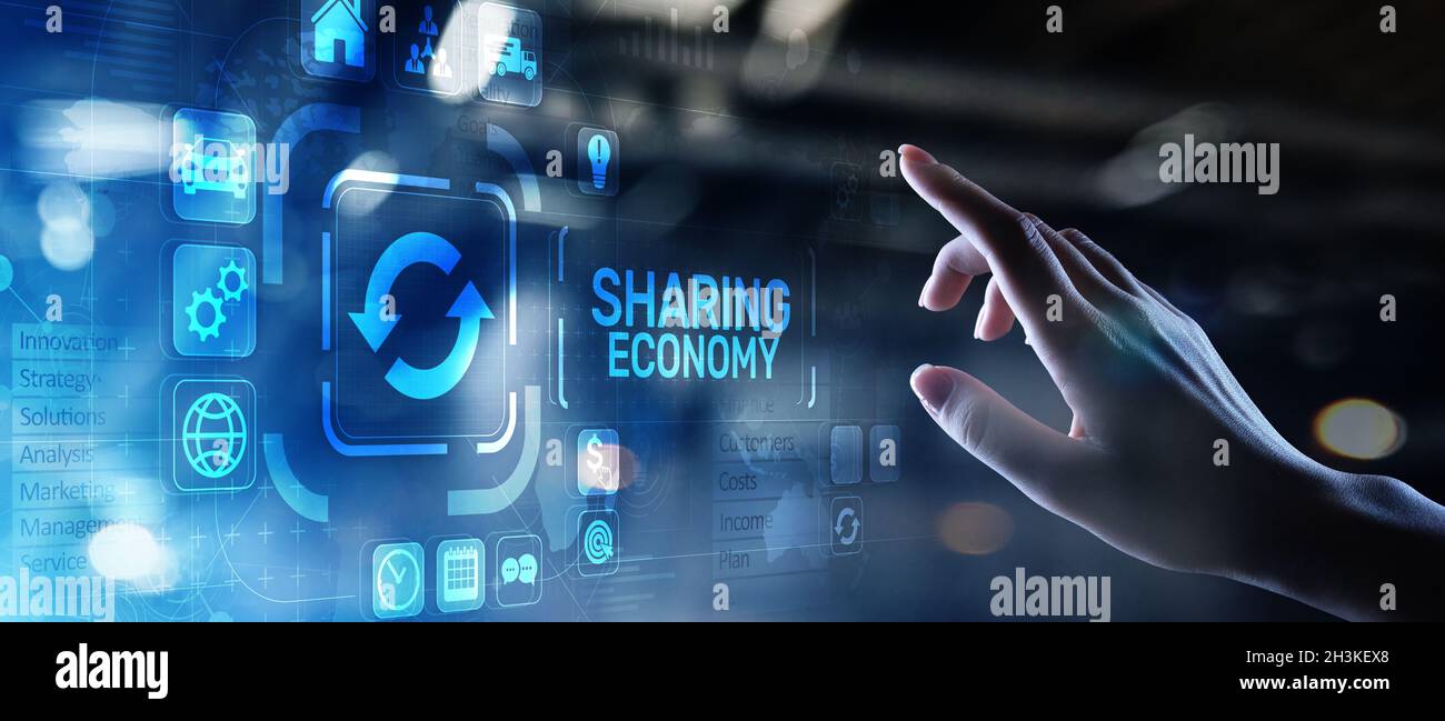 Gemeinsame Nutzung von Wirtschaft, Innovation und Technologie der Zukunft auf virtuellen Bildschirmen. Stockfoto