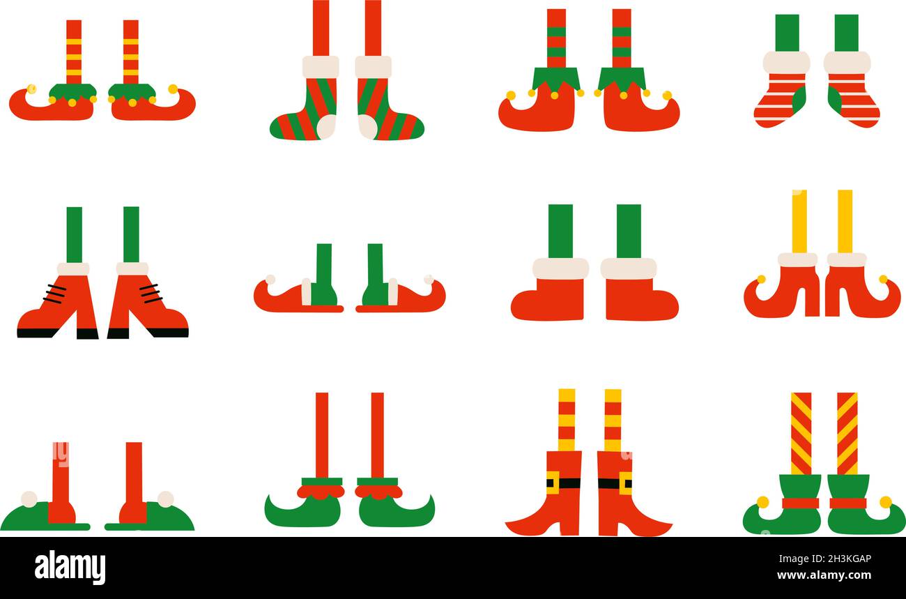 Cartoon Elfen Füße mit Stiefeln isolierte Illustrationen. Weihnachtselfen Füße in Schuhen. Vektor-Set von Elfen Beine. Santa kleine Helfer Stock Vektor