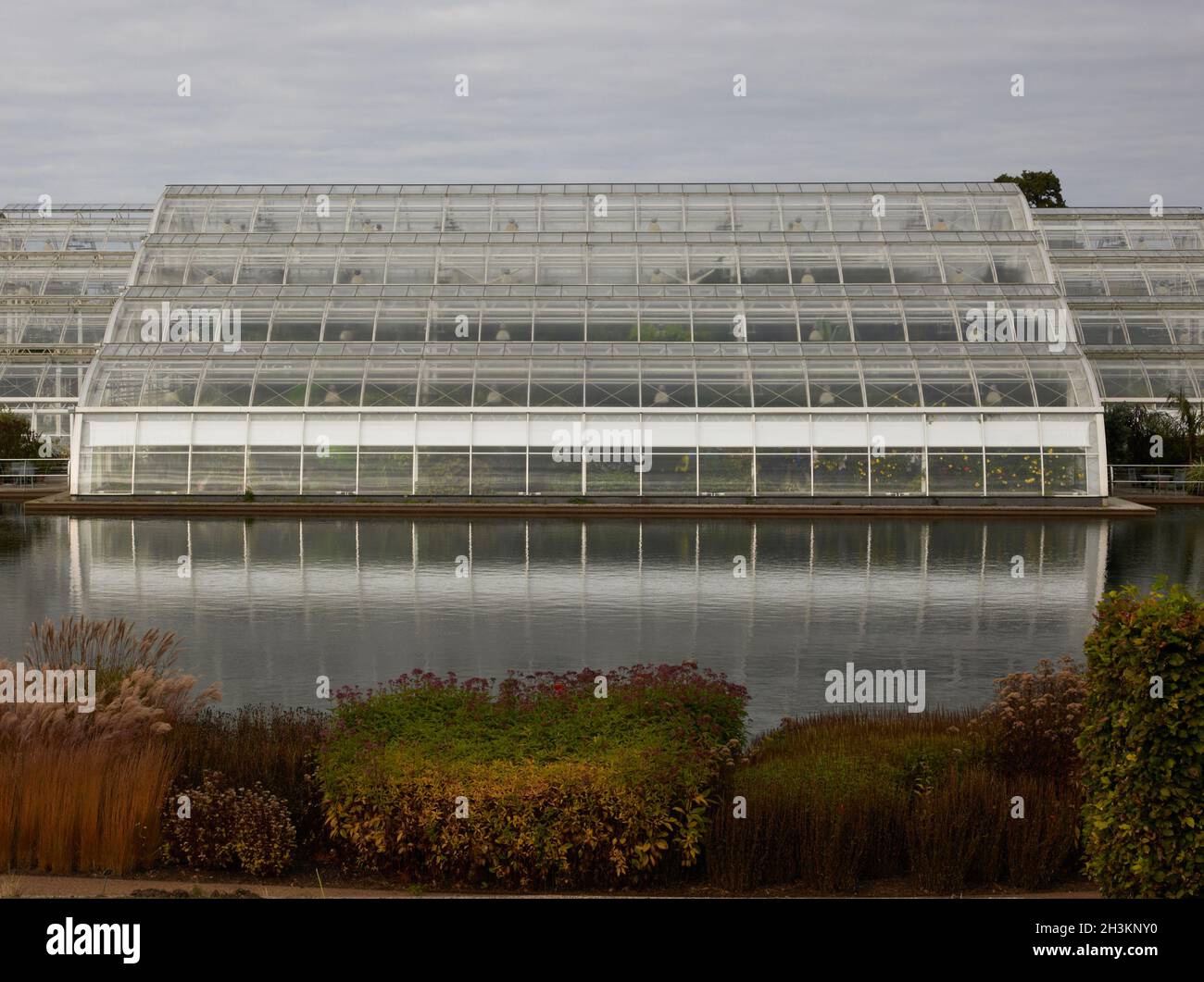 Blick auf das Glashaus der RHS Wisley und den See im Oktober 2021. Stockfoto
