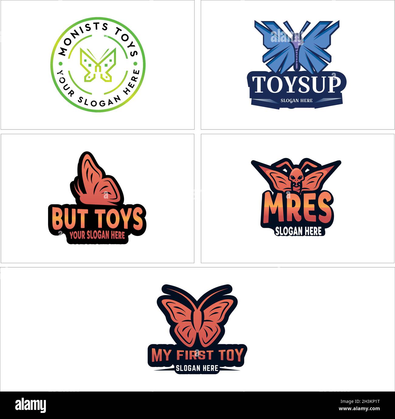 Modernes Design mit Schmetterlingslogo für den Spielwarenladen Stock Vektor