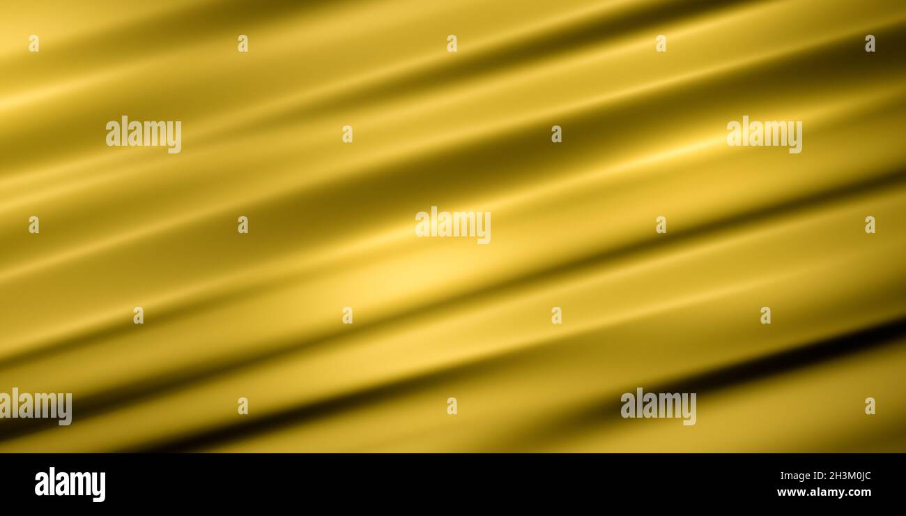Glatte goldgelbe Seide, Samt- oder Stoffoberfläche mit Wellen und Mustern, realistische 3D-Darstellung als Hintergrund mit Kopierraum Stockfoto