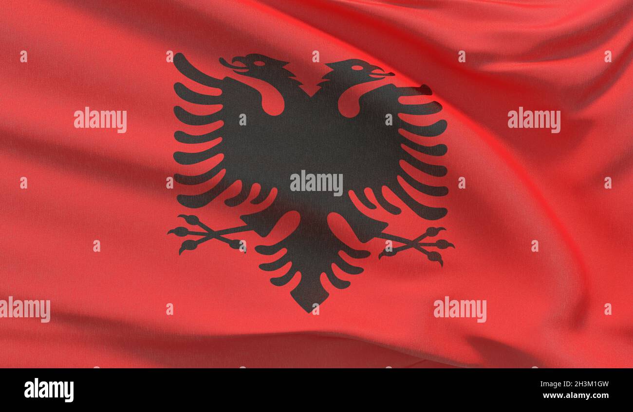 Schwenkende Nationalflagge Albaniens. Wellenförmiges, detailreiches Nahaufnahme-3D-Rendering. Stockfoto