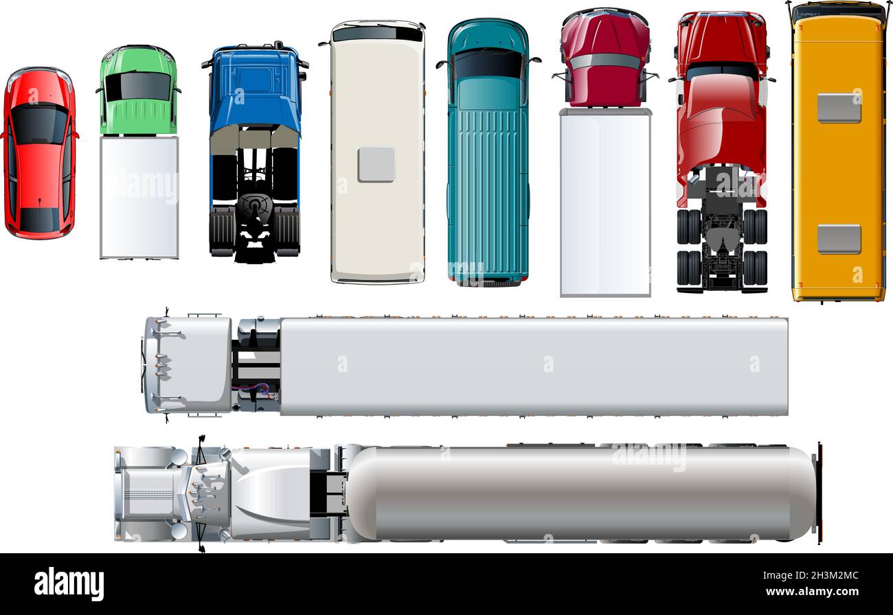 Vektortransport Draufsicht. Isolierte, realistische Fahrzeuge auf weißem Hintergrund. Verfügbares EPS-10, getrennt durch Gruppen und Ebenen mit Transparenzeffekt Stock Vektor