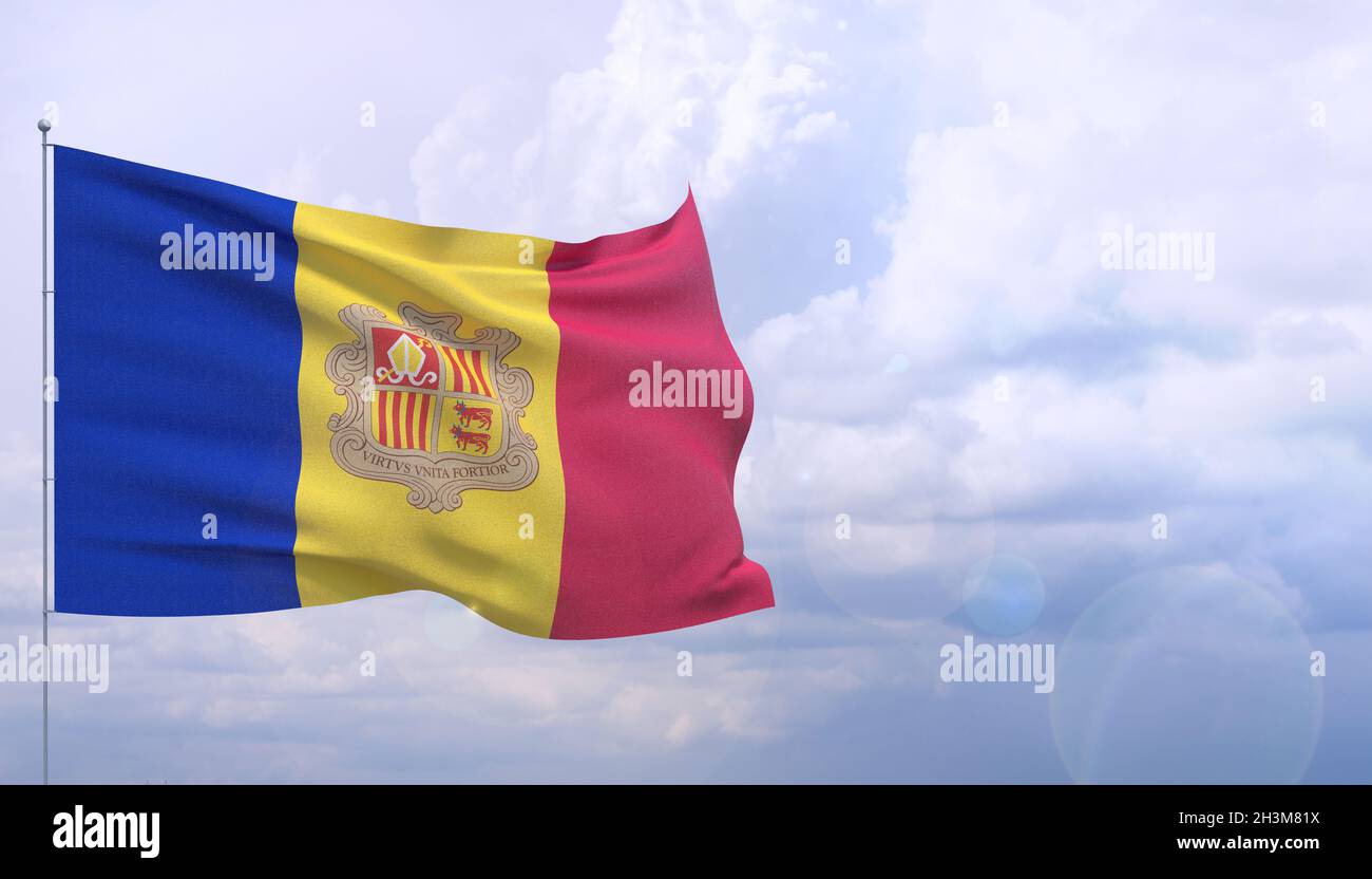 Wehende Flaggen der Welt - Flagge von Andorra. 3D-Illustration. Stockfoto