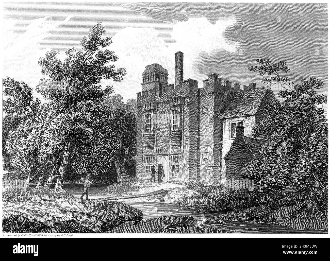Eine Gravur des Rye House, Hertfordshire UK, gescannt in hoher Auflösung von einem Buch aus dem Jahr 1812. Für urheberrechtlich frei gehalten. Stockfoto