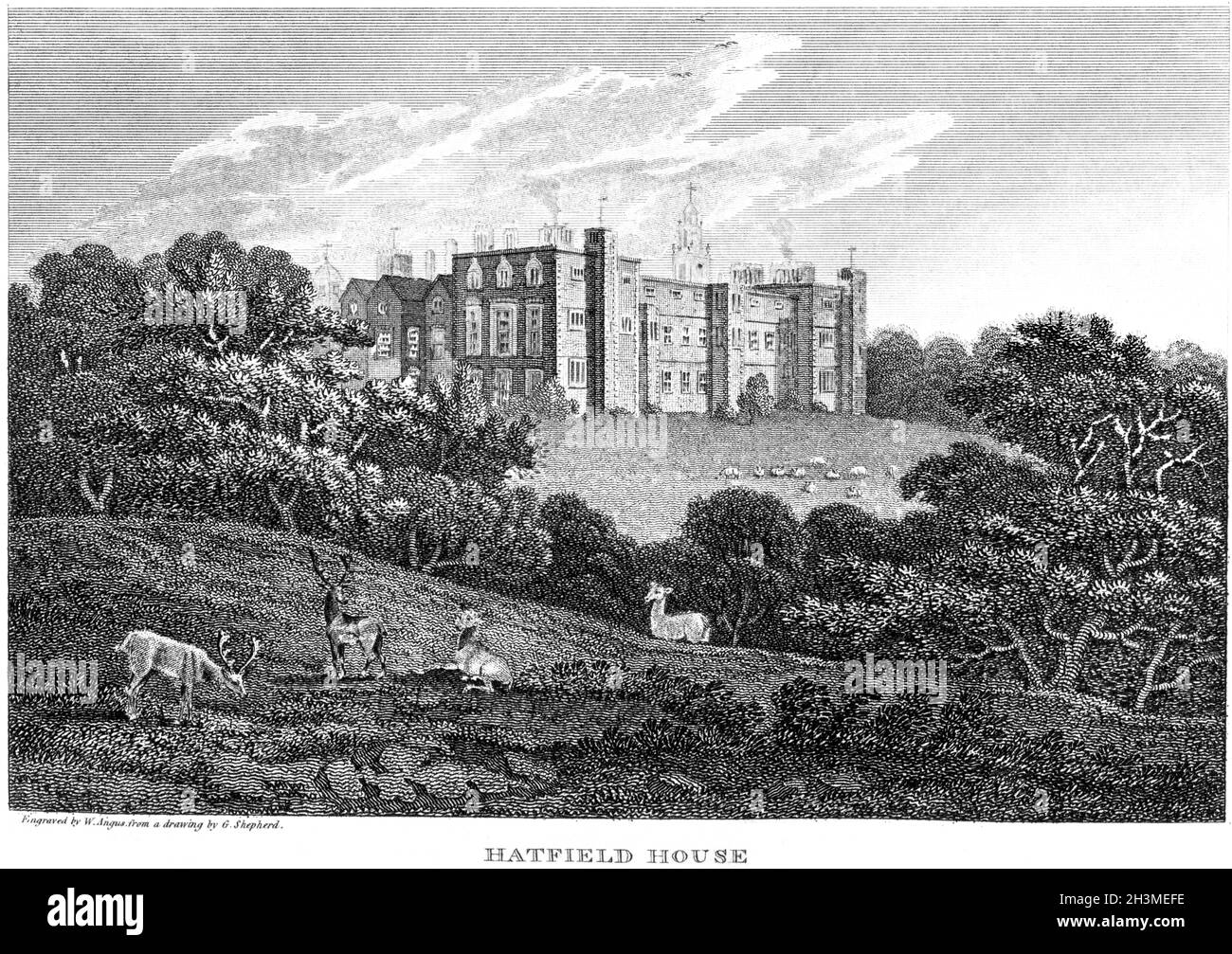 Eine Gravur von Hatfield House, dem Sitz des Marquis of Salisbury, Hertfordshire UK, gescannt in hoher Auflösung aus einem Buch aus dem Jahr 1812. Stockfoto