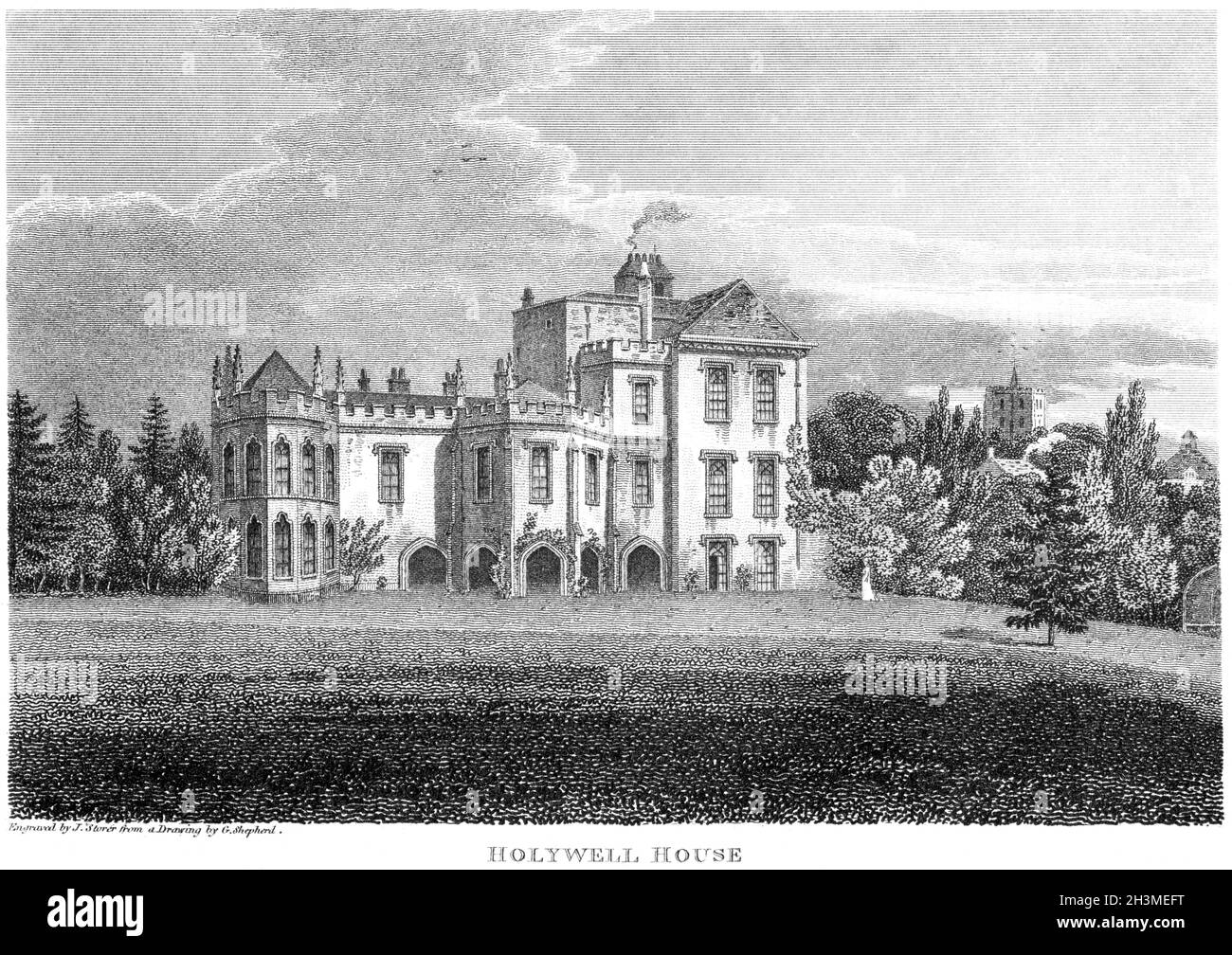 Ein Stich von Holywell House, Residenz der Dowager Gräfin Spencer, Hertfordshire, Großbritannien, wurde in hoher Auflösung von einem Buch gescannt, das 1812 gedruckt wurde. Stockfoto