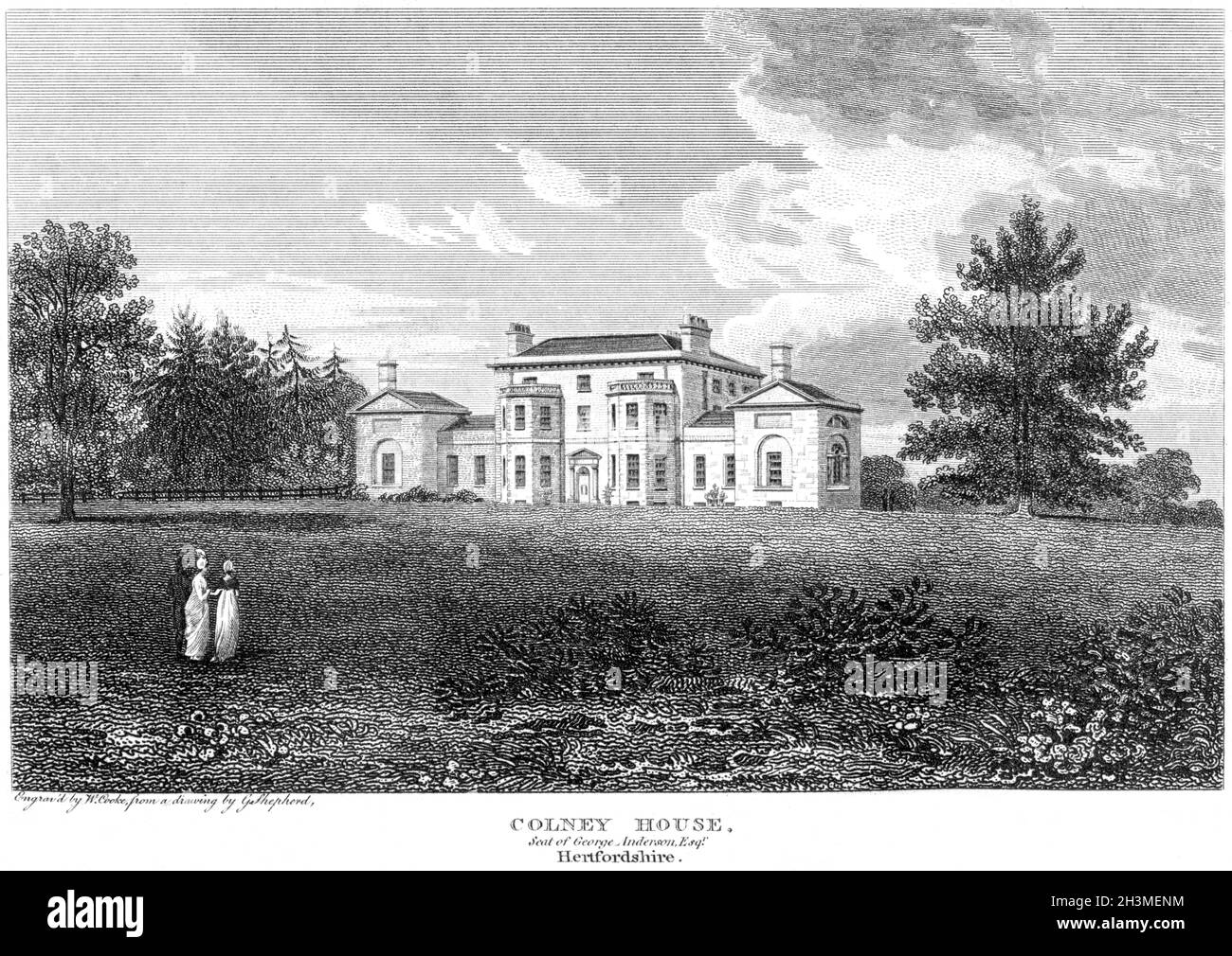 Ein Stich von Colney House, Sitz von George Anderson Esq., Hertfordshire UK, gescannt in hoher Auflösung aus einem Buch, das 1812 gedruckt wurde. Stockfoto