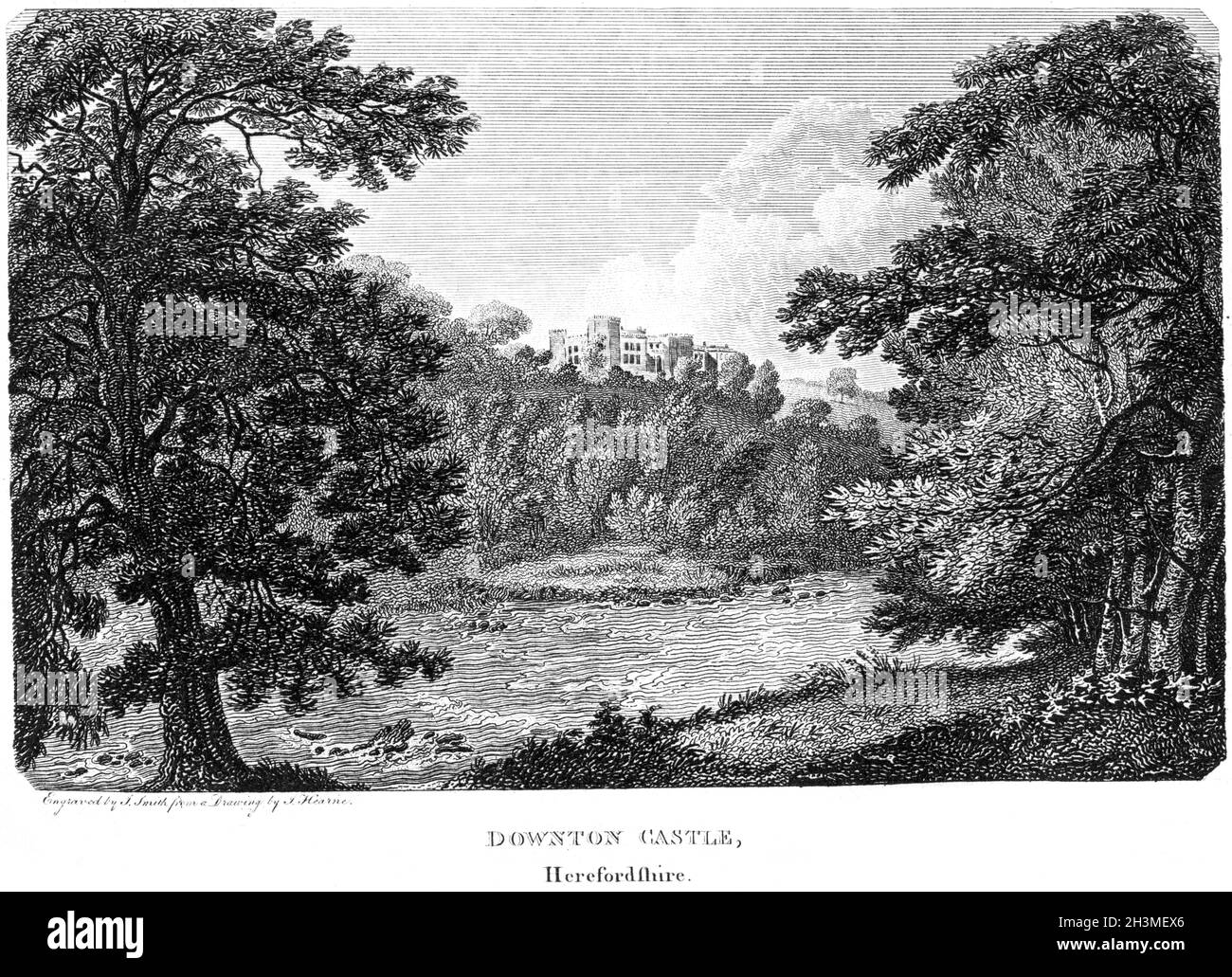 Ein Stich von Downton Castle, Herefordshire UK, gescannt in hoher Auflösung von einem Buch, das 1812 gedruckt wurde. Für urheberrechtlich frei gehalten. Stockfoto