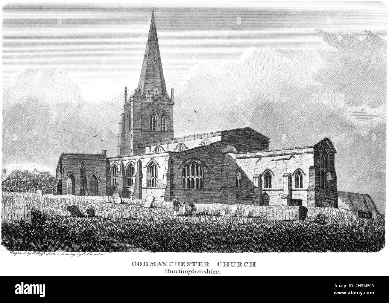 Ein Stich der Godmanchester Church, Huntingdonshire (jetzt Cambridgeshire) UK, gescannt mit hoher Auflösung aus einem Buch aus dem Jahr 1812. Stockfoto