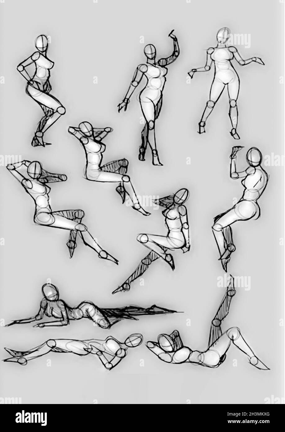 Tutorial der Zeichnung weiblichen Körper. Den menschlichen Körper zeichnen, Schritt für Schritt Lektionen. Stockfoto
