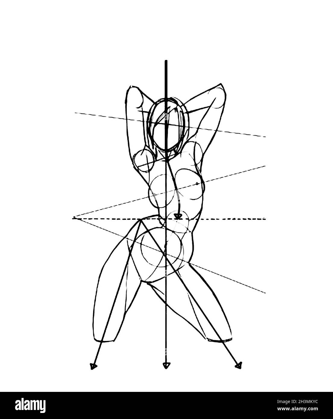 Tutorial der Zeichnung weiblichen Körper. Den menschlichen Körper zeichnen, Schritt für Schritt Lektionen. Stockfoto