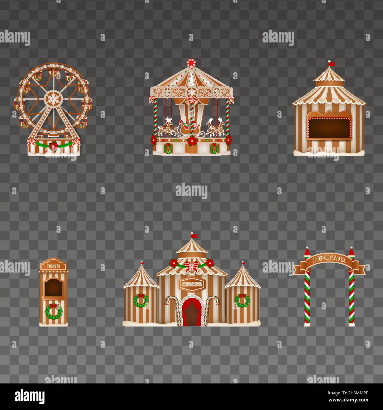 Weihnachtsmarkt mit Lebkuchen, isoliertem Riesenrad, Karussell, Stand, Schild, Zirkus und Ticketschalter Stock Vektor