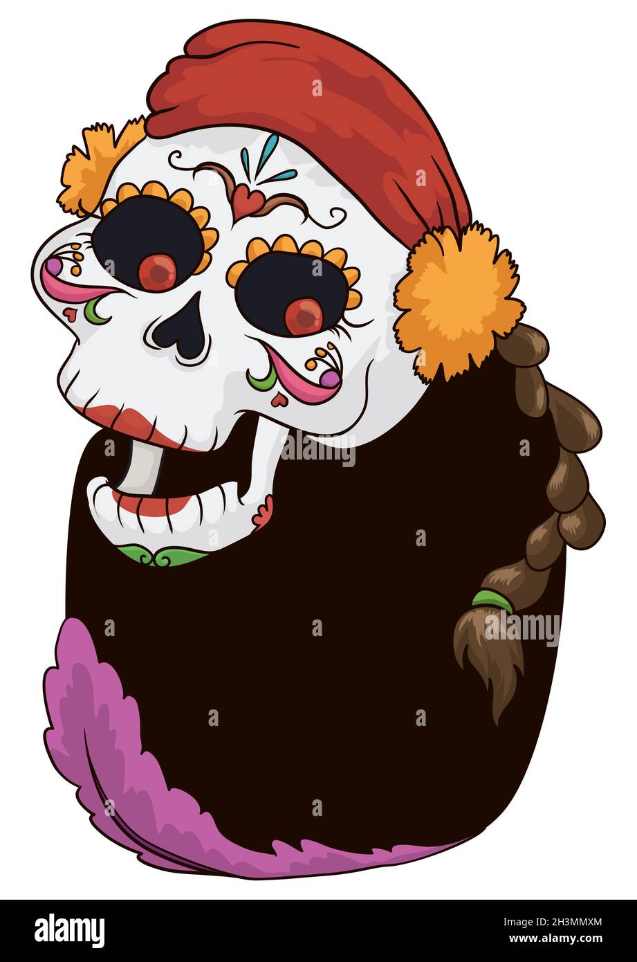 Fröhlicher Catrina-Charakter mit Bandana und Ringelblume auf dem Kopf, geflochtenen Haaren und traditionellen mexikanischen Dekorationen auf dem Gesicht. Stock Vektor