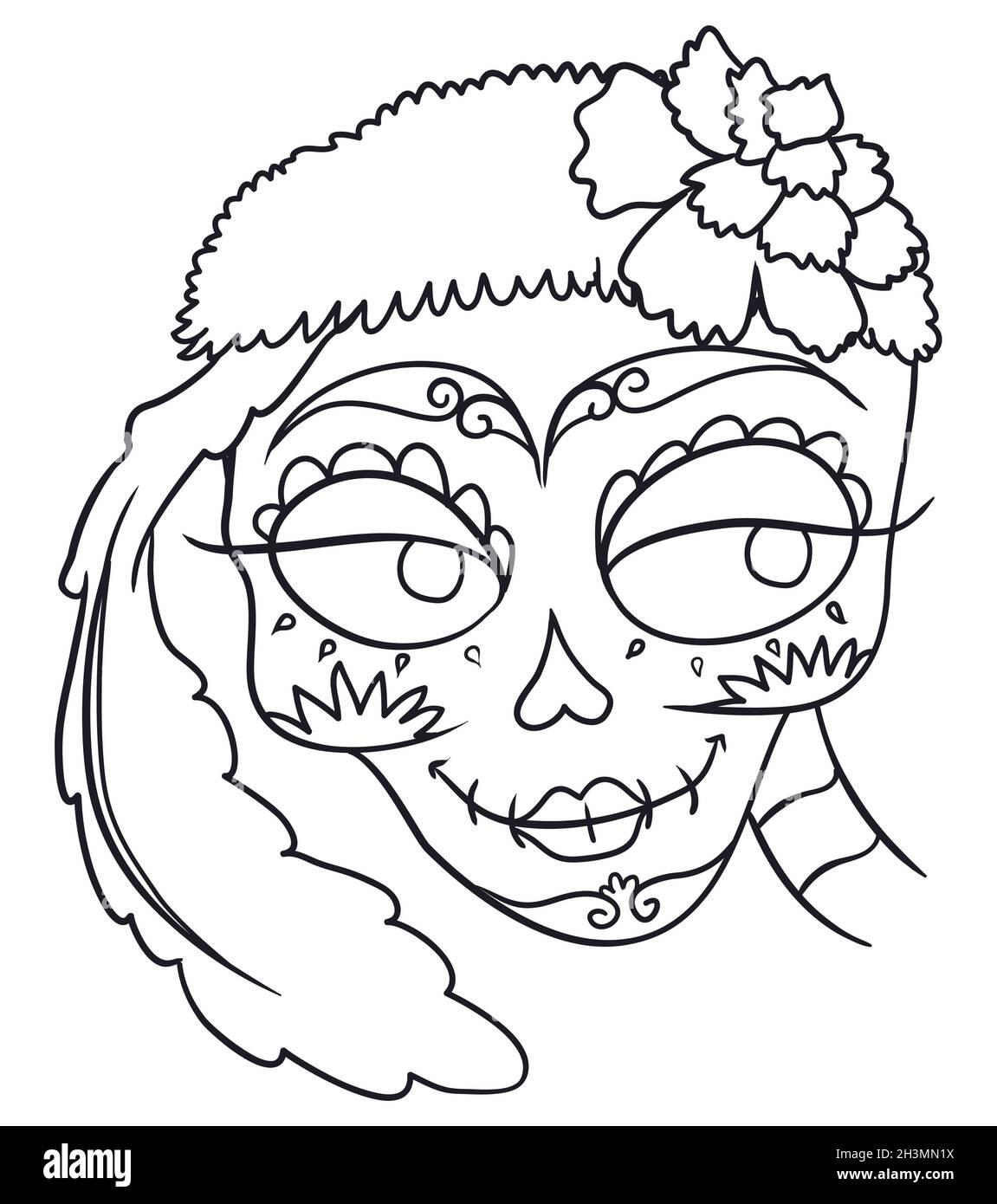 Zeichnung der eleganten Catrina mit pelzigen Bandana, Blume, Feder und traditionellen mexikanischen Dekorationen auf dem Gesicht, für die Feier des mexikanischen Totentages Stock Vektor