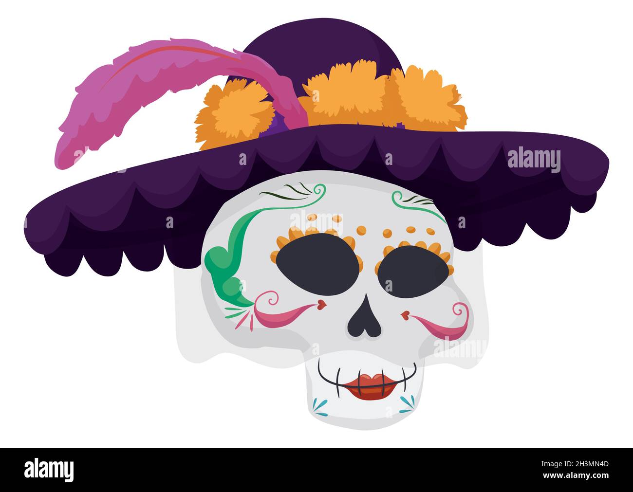 Eleganter Totenschädel aus Catrina, mit Hut und Schleier, verziert mit Ringelblumen und violetten Federn, für den mexikanischen Tag der Toten. Stock Vektor