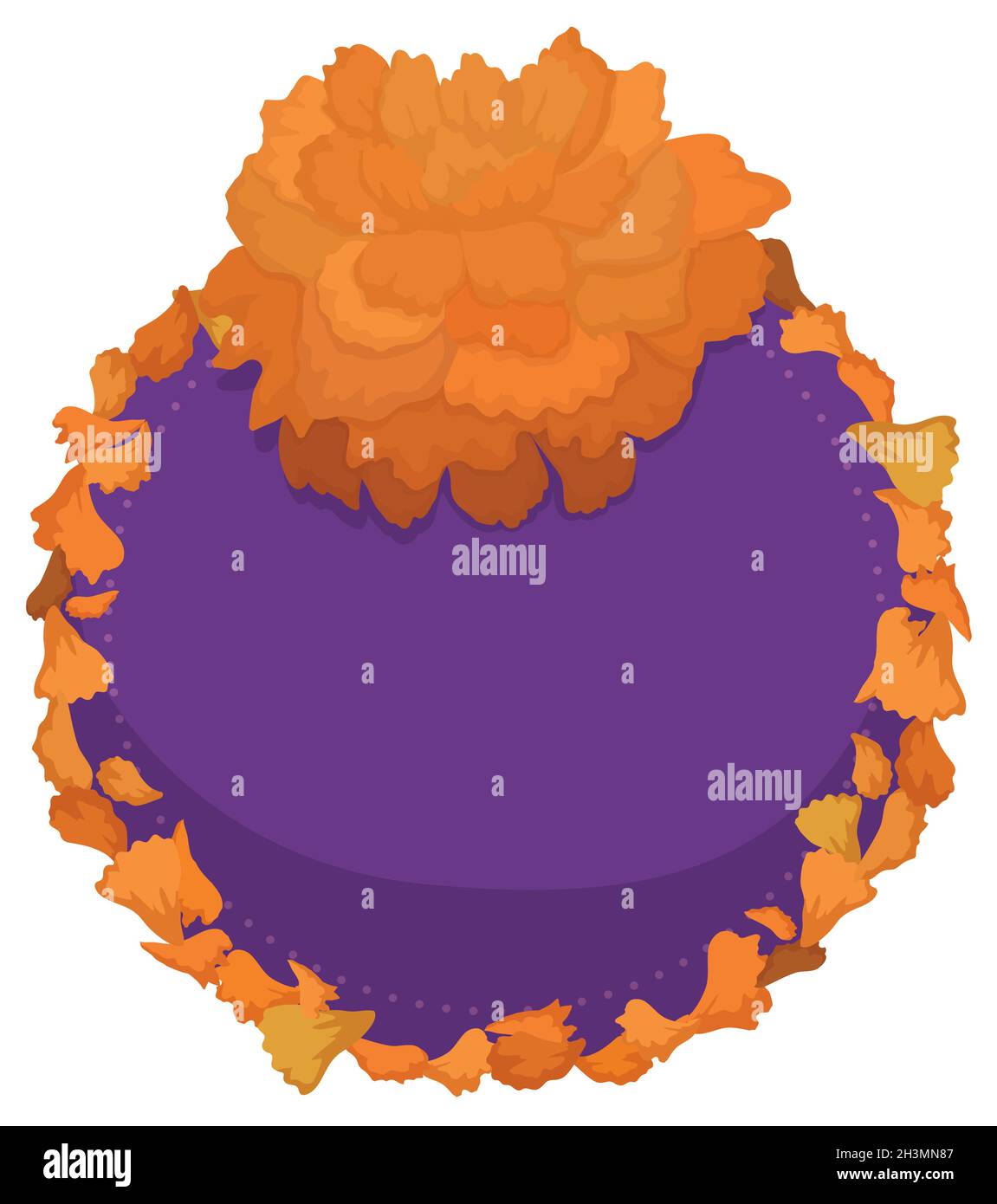 Ringelblume über leerem purpurfarbenen runden Knopf mit Blütenblättern in der Bordüre. Stock Vektor